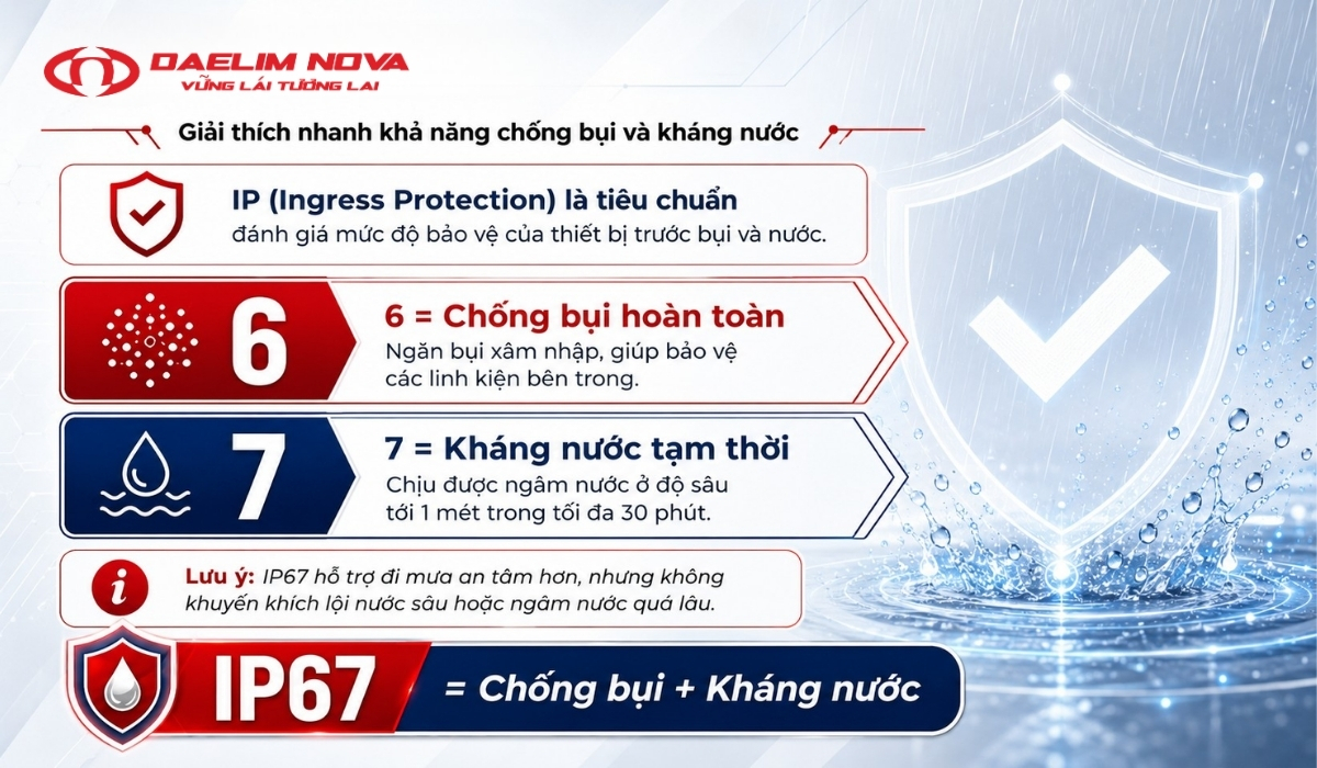 Tiêu chuẩn chống nước IP67 trên xe điện Daelim Nova giúp xe vận hành an toàn trong điều kiện ngập nước Động cơ chống nước IP67
