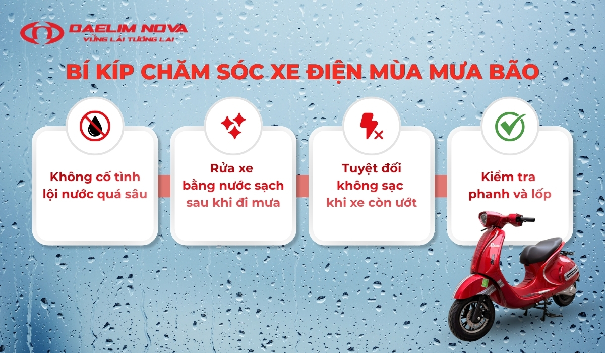 Hướng dẫn sạc xe điện Daelim Nova sau khi đi mưa đúng cách