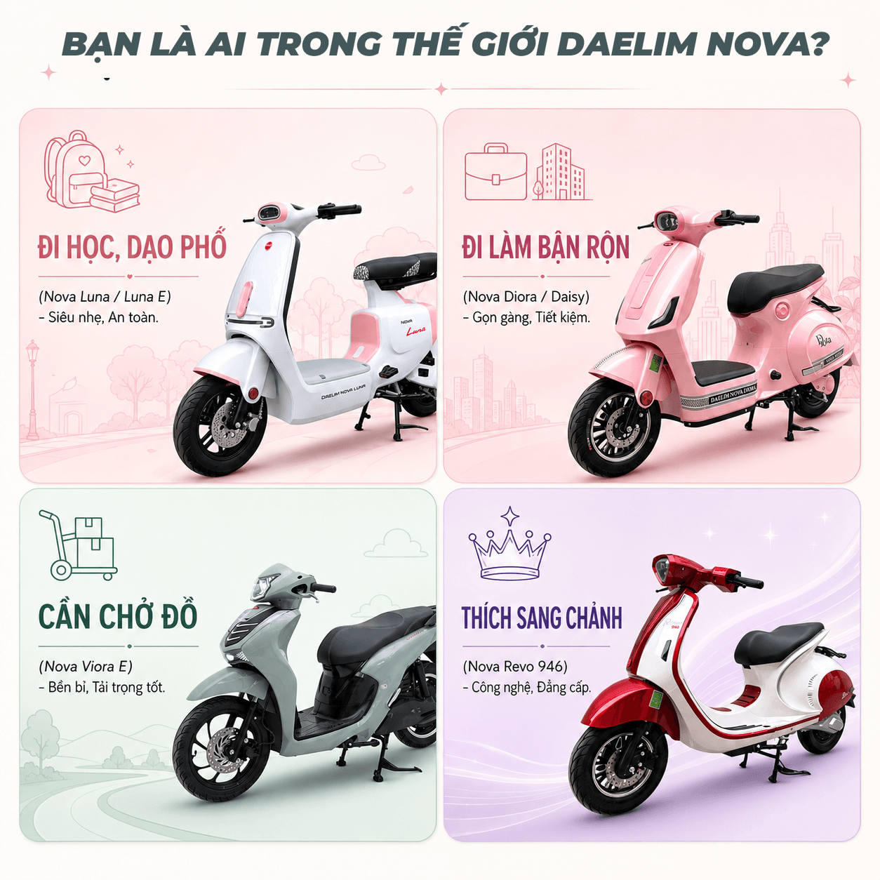 Bảng phân loại nhu cầu chọn xe điện Daelim Nova theo từng nhóm người dùng
