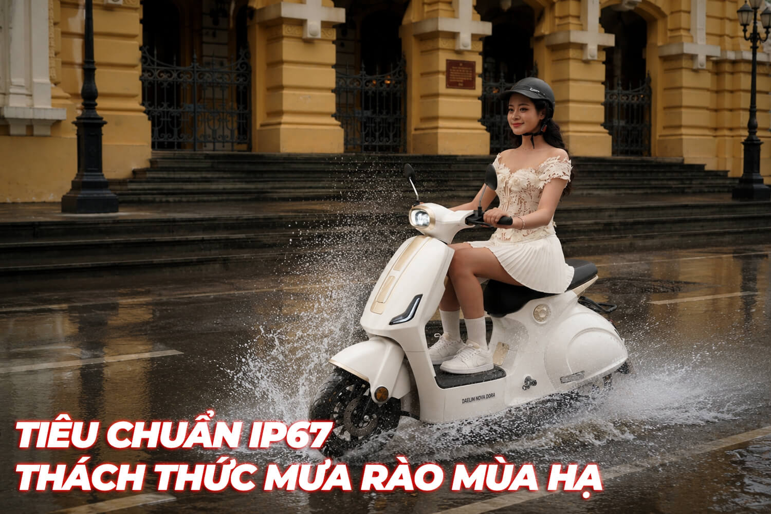 Tiêu chuẩn IP67 giúp tăng khả năng chống nước và bụi cho xe điện Daelim Nova, hỗ trợ người dùng an tâm hơn khi gặp mưa rào mùa hạ.